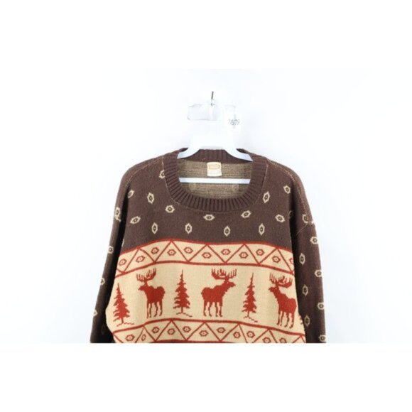 Vintage 60s 70s Streetwear Mens Large Christmas Elk Fair Isle Knit Sweater USA - Picture 2 of 9